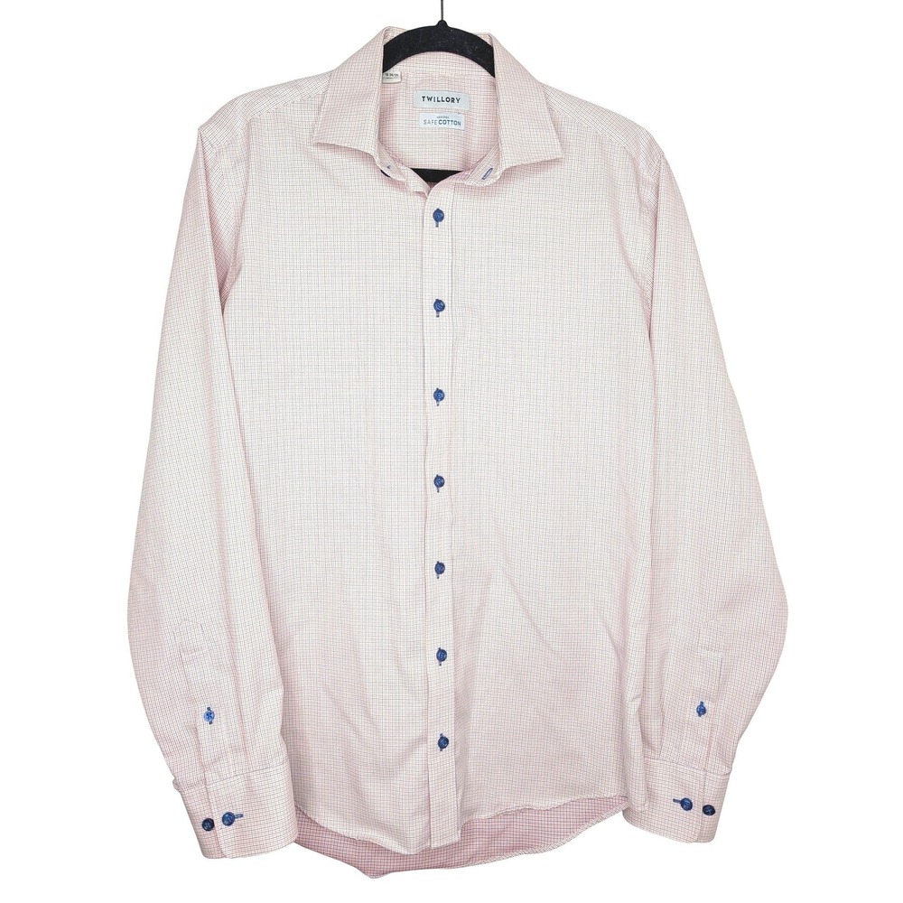 Twillory Dress Shirt Mens 16 34/35 Trim Fit Orange Blue Micro Check Non-Iron